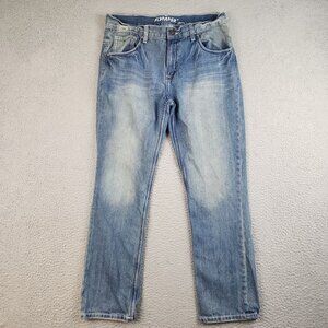 Flypaper Jeans Mens 34x30 Stitched Pocket Y2K Faded Whisker Straight Medium Wash